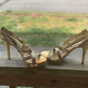 Sparkly gold glitter strap open toed heels